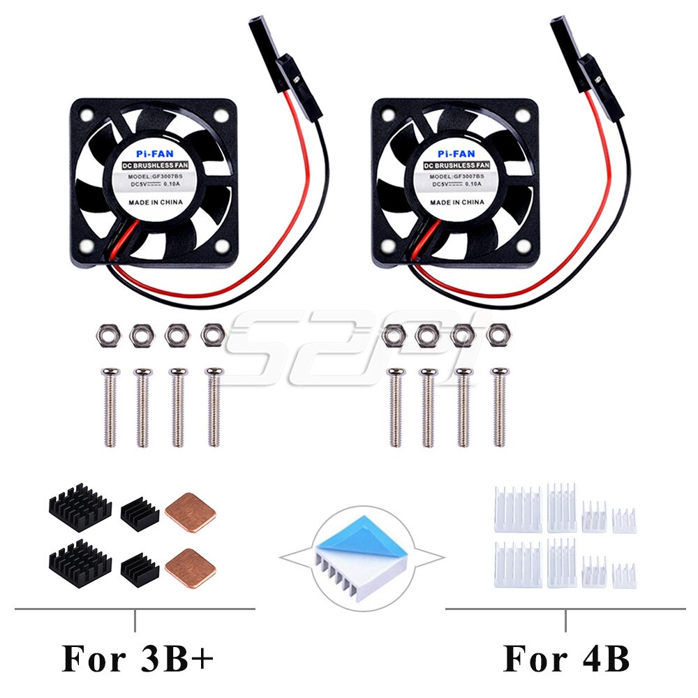 52Pi 1 einstellen DC 5V 30*30*7 Lüfter 3007 Kühlkörper Bausatz oder 2 einstellen / 4 einstellen Pack für Himbeere Pi 4B Pi 4 Modell B / 3 B + / 3: 2stck