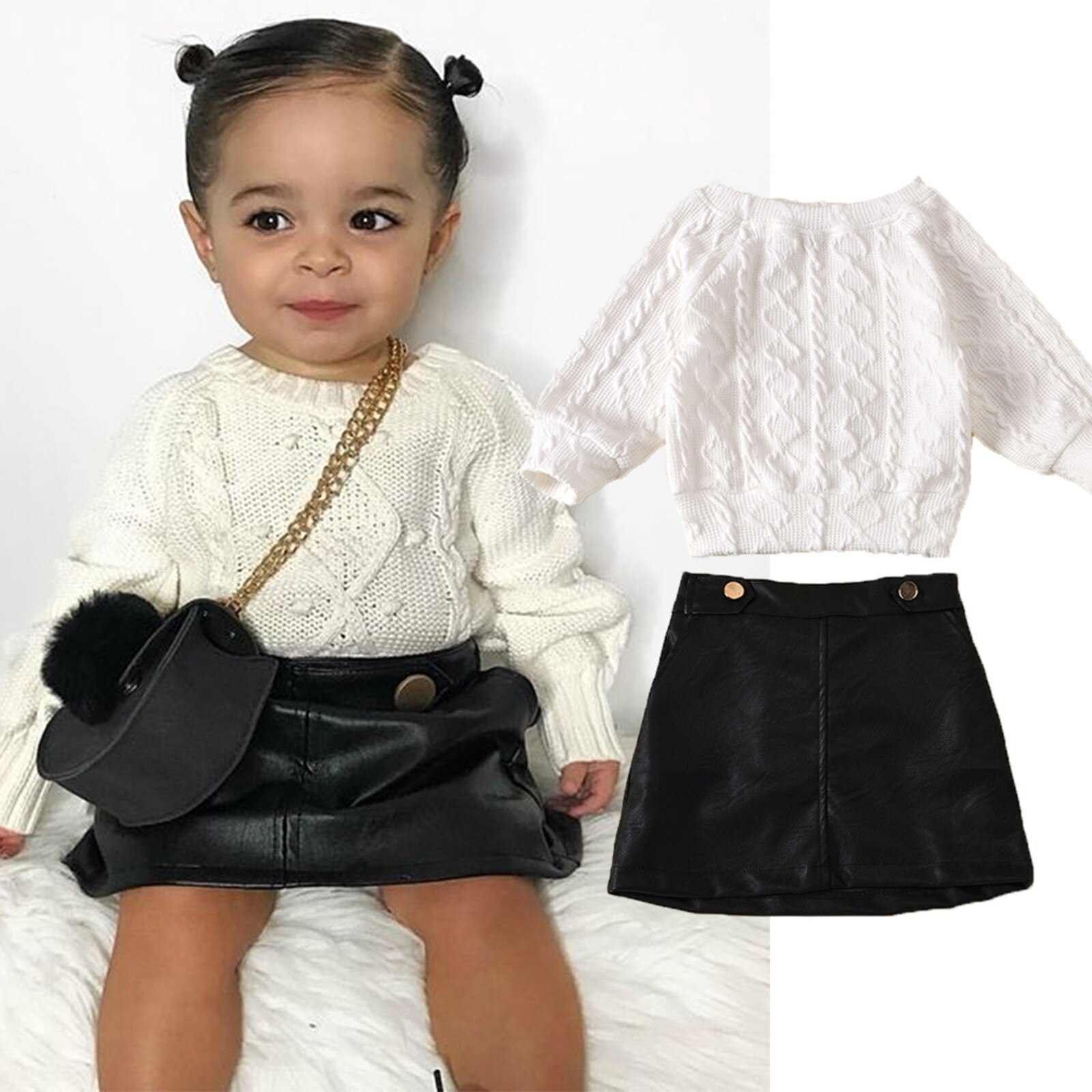 Toddler Kids Baby Girls Long Sleeve Sweater Knit Tops Leather Skirts Outfits Set Fall Girl Set Clothes Girls Boutique Outfits