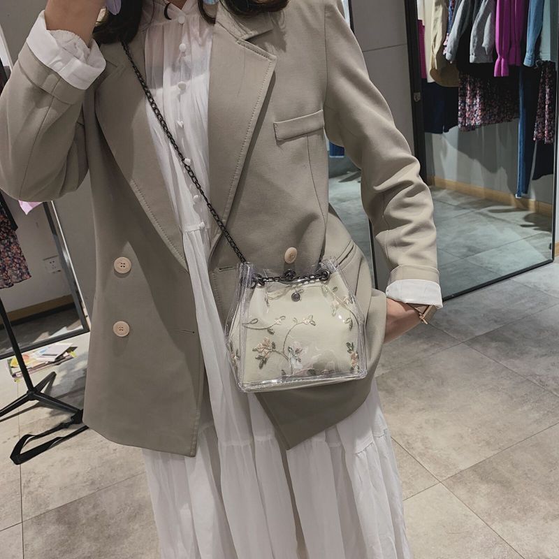 Dames strandtas handtas vintage doorzichtige tassen pvc schouder crossbody tassen jelly candy emmer tas met verborgen ritsvak /door: Wit