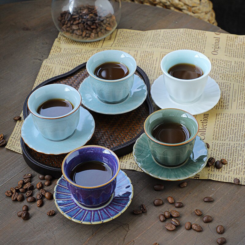 Taza de cerámica para café expreso con platillo, de pequeña capacidad taza de café, cambio de horno, taza de té turco, posavasos de Kungfu chino