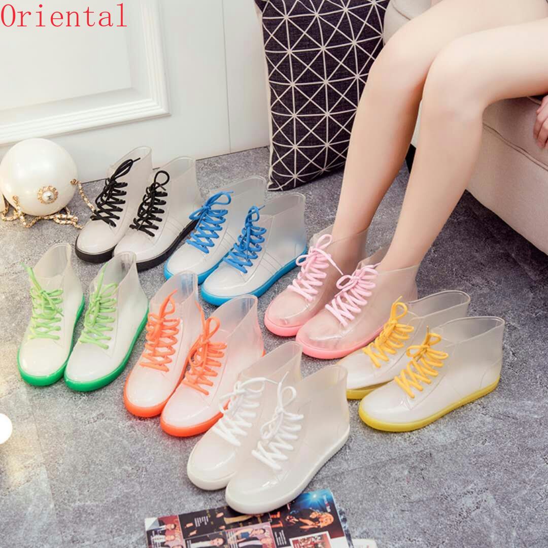 PVC Frauen transparent Regen Stiefel Gummi Spitze hoch Frauen Stiefeletten Wasserdicht lässig Komfort Damen Stiefel Schuhe
