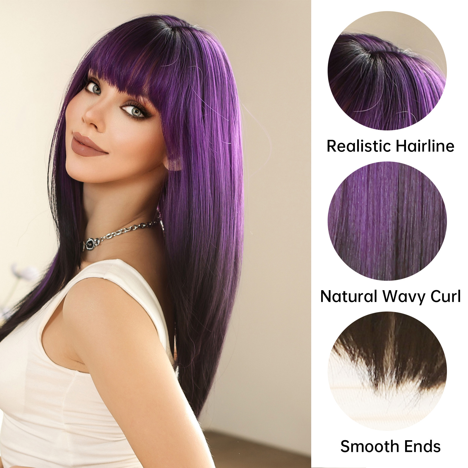 Gerade geschichtete synthetische Perücken Lila Schwarz Ombre Perücke mit Pony Mittellange farbige Cosplay-Perücke für Frauen Hitzebeständige Perücke