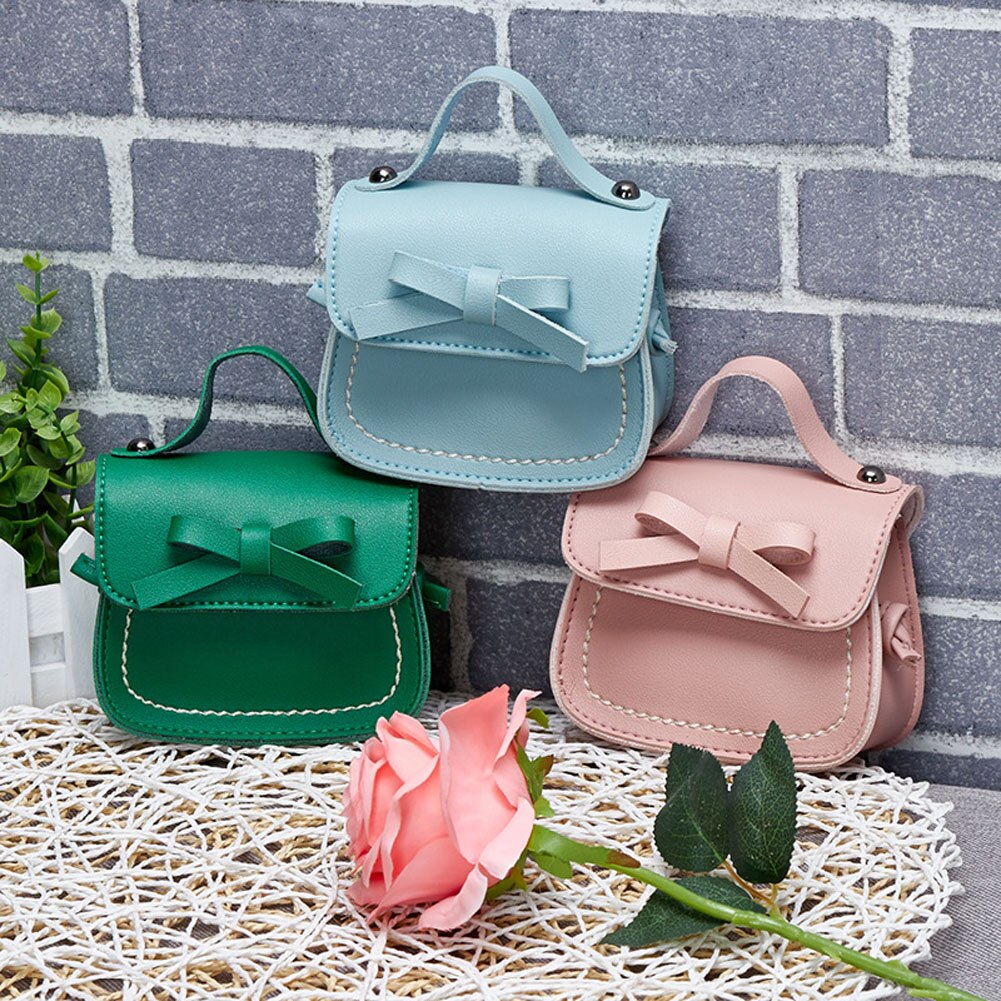 Children Girls Cute Bowknot Pure Color Handbags Kids Leather Shoulder Bags Mini Crossbody Bag Clutch