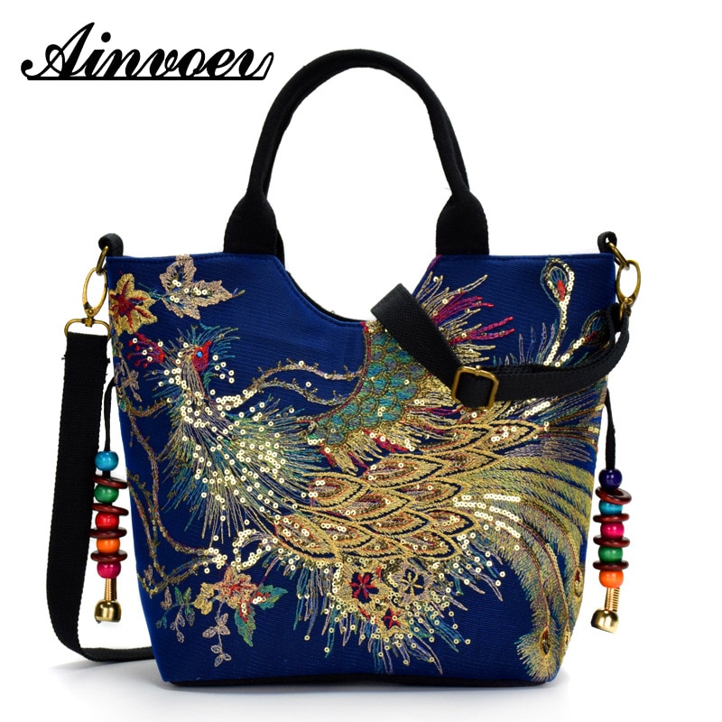 Ainvoev Embroidered Women Canvas Summer Shopping Shoulder Bag Vintage Beaded String Handbag Shiny Sequins Peacock