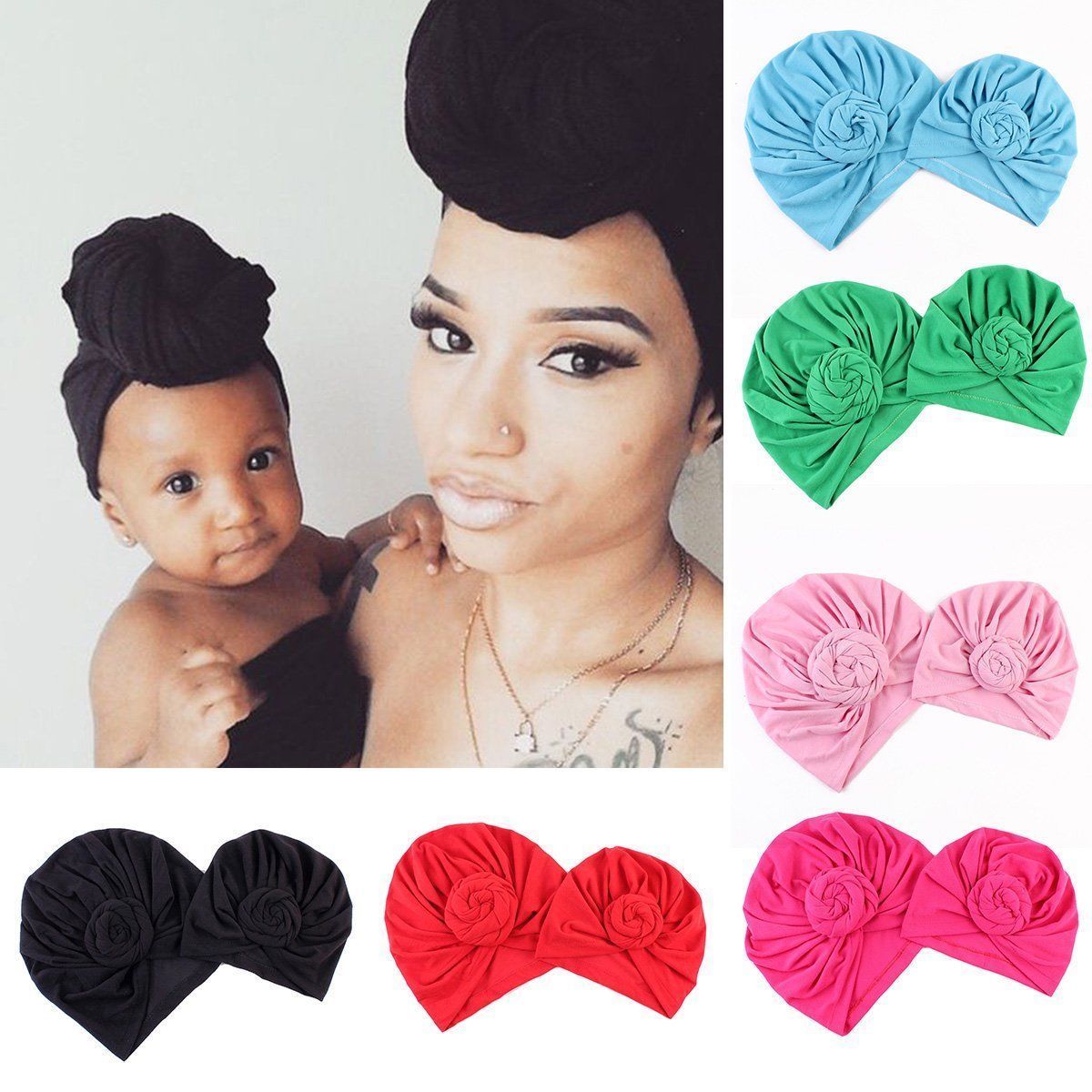 2pcs Women Baby Turban Hat Solid Warm Children Parent-child Cap Twist Knot Bonnet Wrap Caps Mom Baby's Casual Hats
