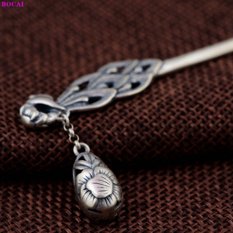 Bocai  s925 haarnadeln aus sterlingsilber mit anhänger, doppelter pfingstrose und phönix-totem-motiv, reines silber, beliebtes schmuckstück für damen