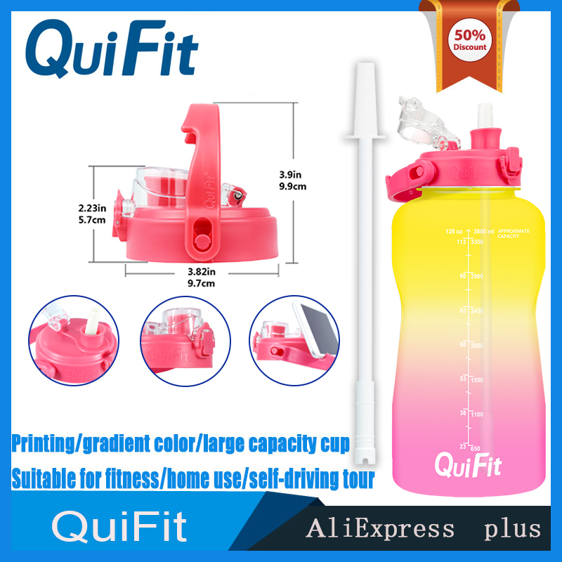 QuiFit water bottle 3.8L bouncing lid gallon water bottle cuptime stamp trigger no BPA, sports phone holder fitness water bottle: Yellow-pink