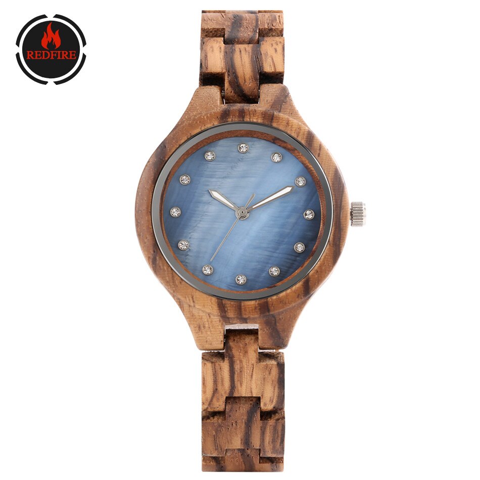 Redfire dameshorloge van hout, kwarts, stijlvol, roze/blauwe strass-steentjes, dameshorloge met houten armband en vouwsluiting