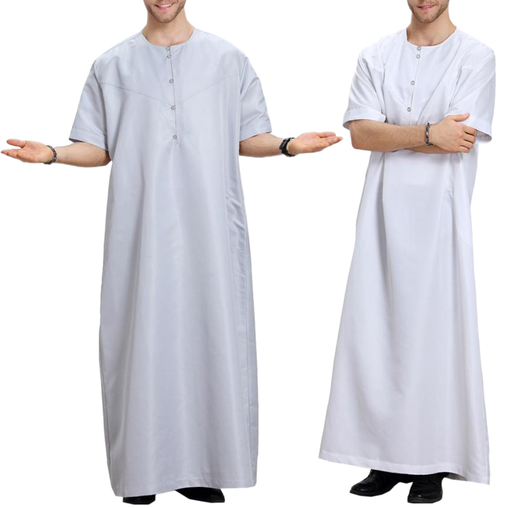 Mænds korte ærmer solid afslappet muslimsk arabisk thobe fuld længde tø kaftan