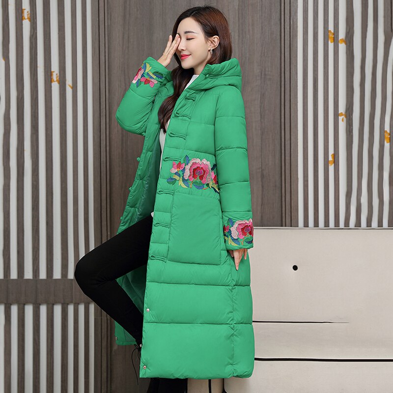 Lange Winter Parka Jassen Vrouwen Borduren Bloemenprint Vrouwen Jas Hooded Enkele Breasted Dikke Parka Vrouwelijke Jas