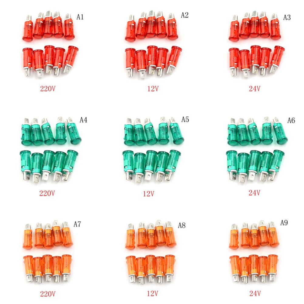10 stk signalindikatorlampe panelmontering neonrød grønt gule lys 220v 110v 12v/24 vdc 10mm mdx -11a pilotstyring