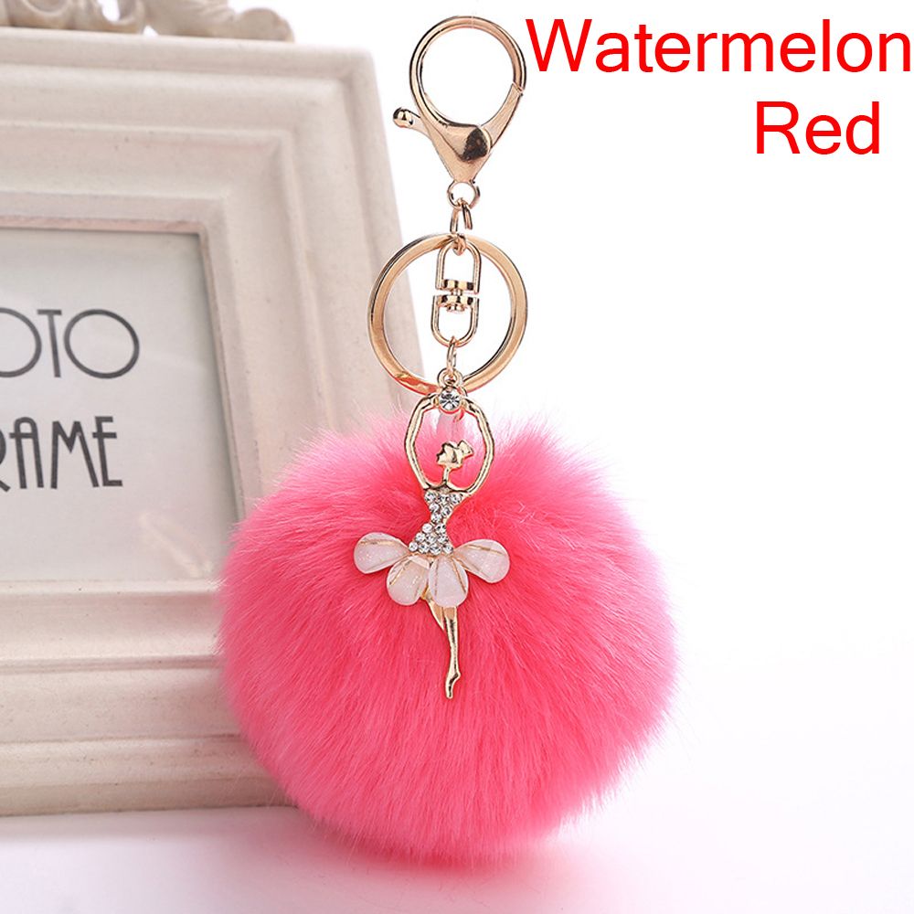 Cute Faux Rabbit Fur Key Ring Fluffy Ballet Girl Car Keychain Key Chain Women Bag Keys Accessories: Watermelon red