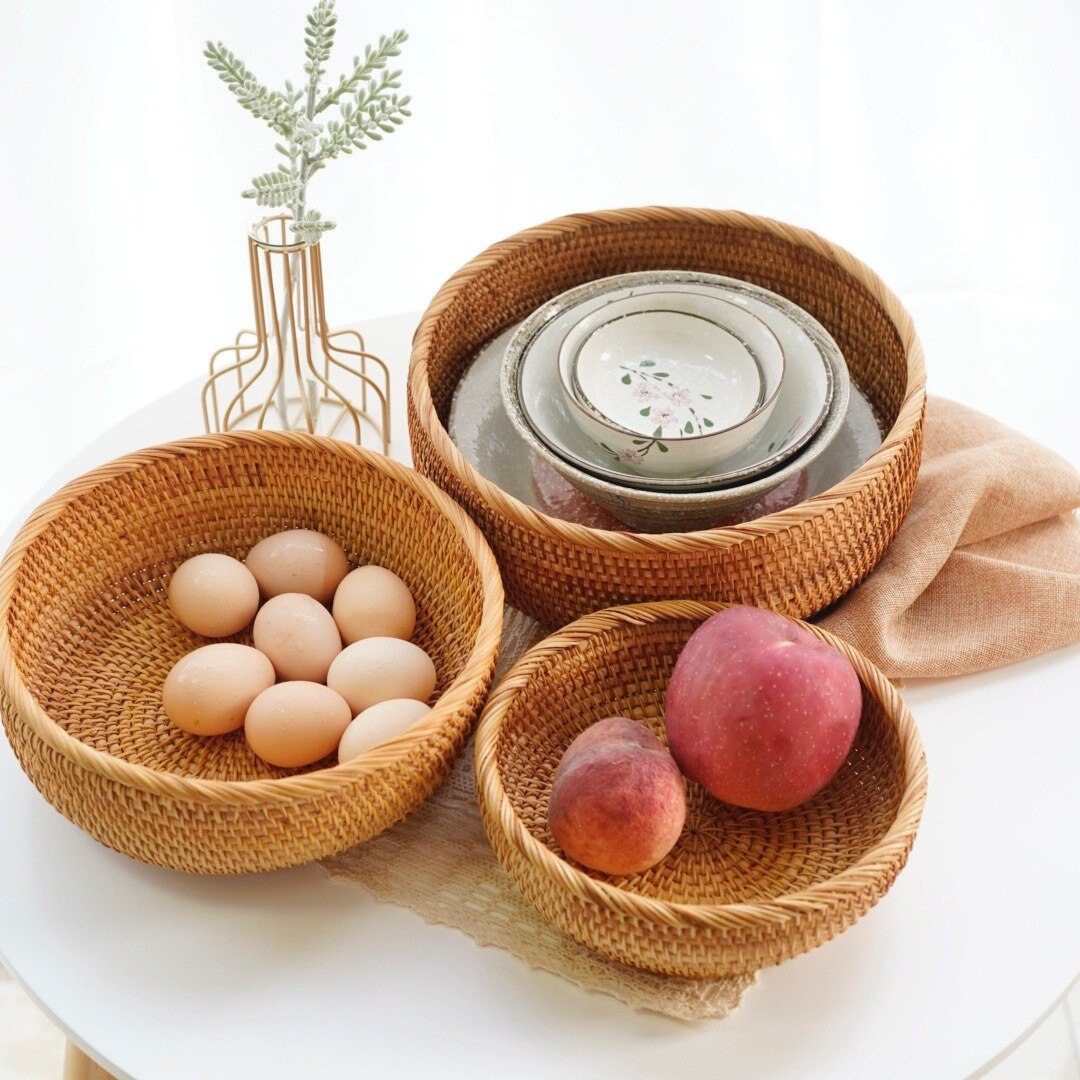 Cesta de mimbre para almacenamiento de frutas, pan, verduras, cestas de ratán Natural, cuencos redondos para llaves, mesa de cocina apilable, encimera de despensa