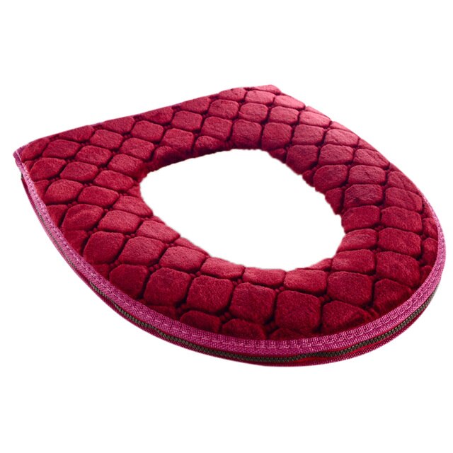 Cojín de inodoro de felpa para el hogar, cubierta de asiento de inodoro gruesa, suave y cálida, impermeable, productos de baño universales para el invierno: Rojo