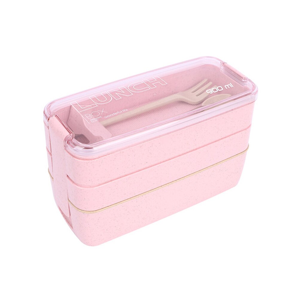 900ml 3 Layers Bento Box Eco-Friendly Lunch Box Food Container Wheat Straw Material Microwavable Dinnerware Lunchbox: Pink