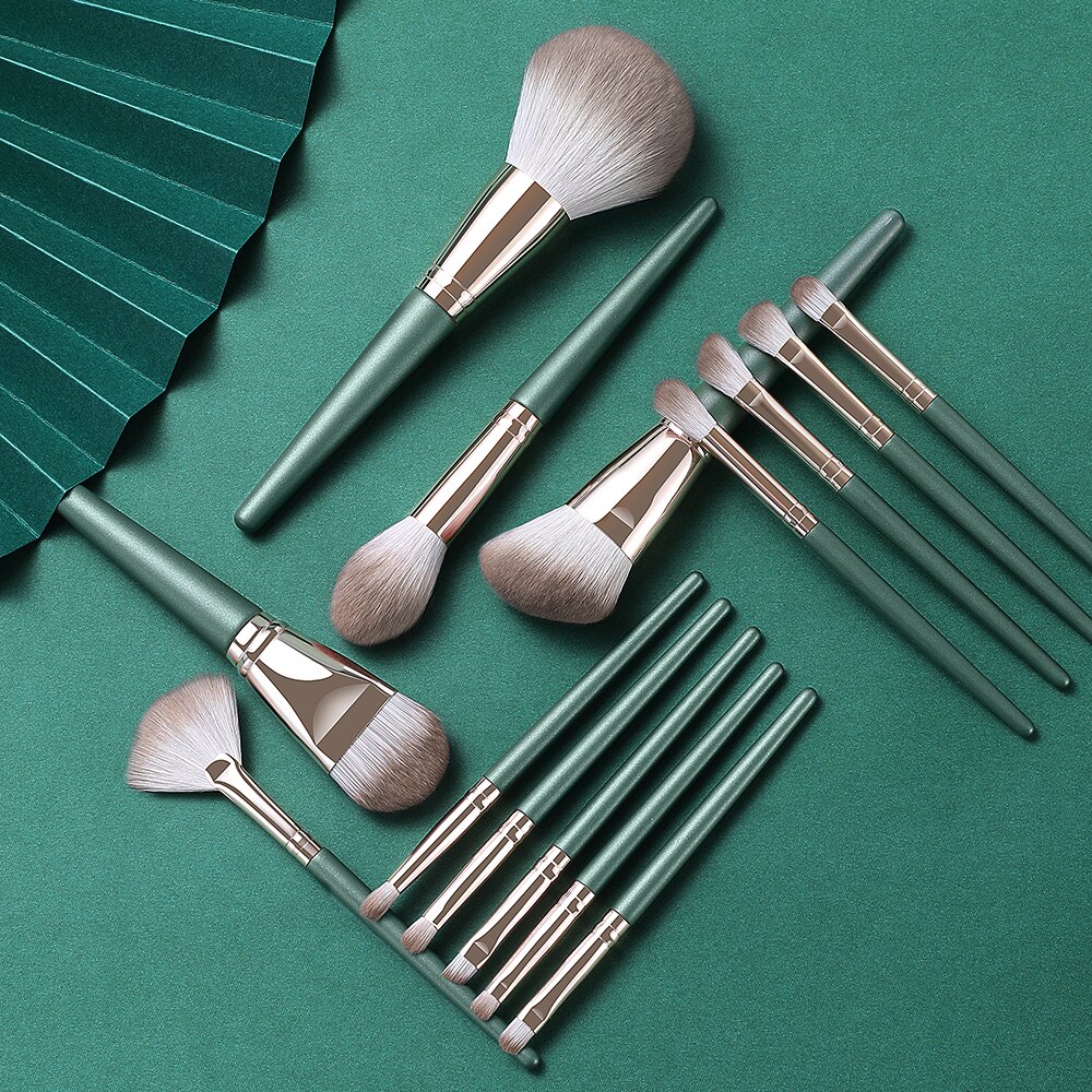 XINYAN 14pcs Makeup Brushes Set Eyeshadow Powder Green Matte Wood Handle Concealer Cosmetic Eyebrow Beauty Tool