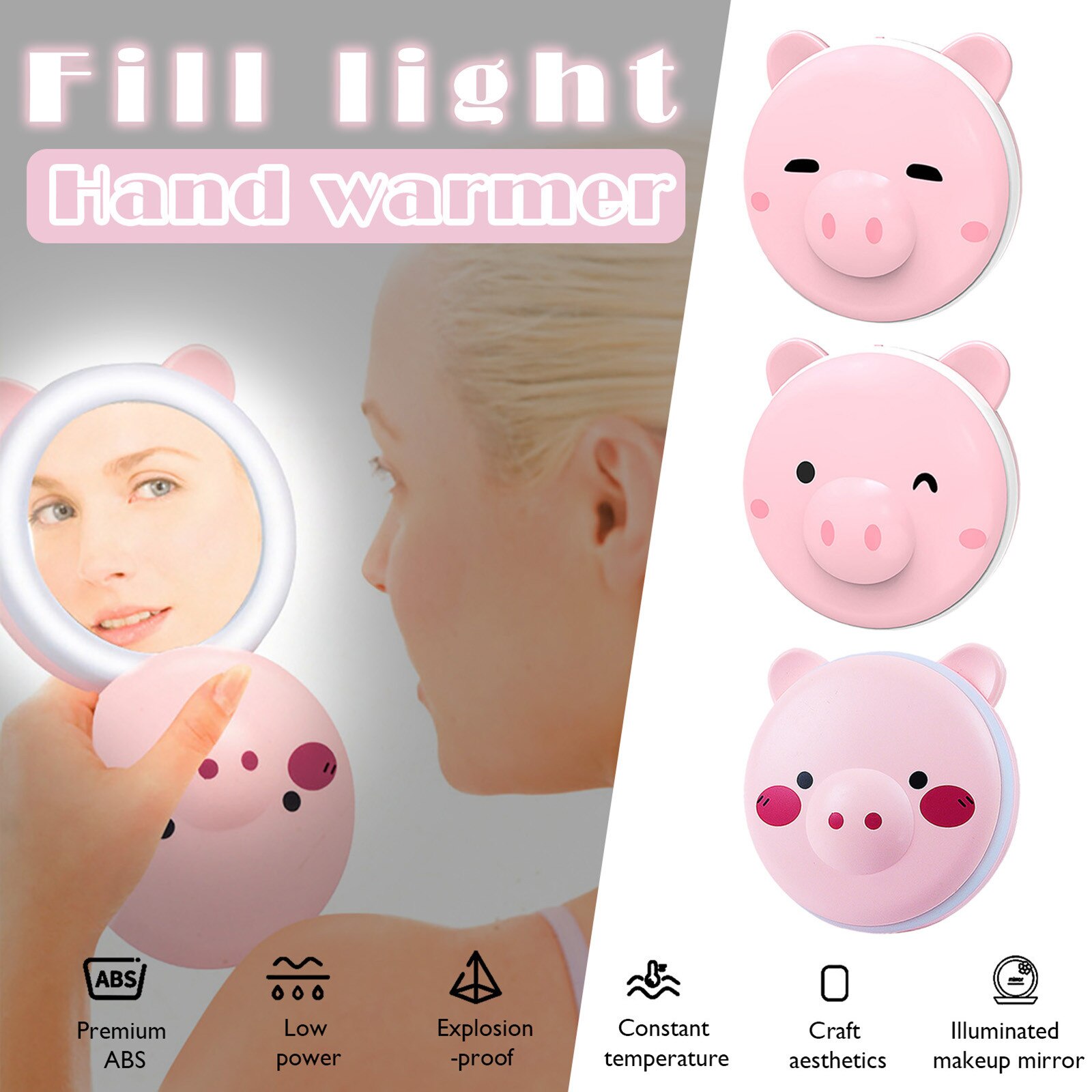 1pc 3 in 1 mini cosmetic mirror hand warmer pig-shaped hand warmer with LED light charging USB office mini hand warmer