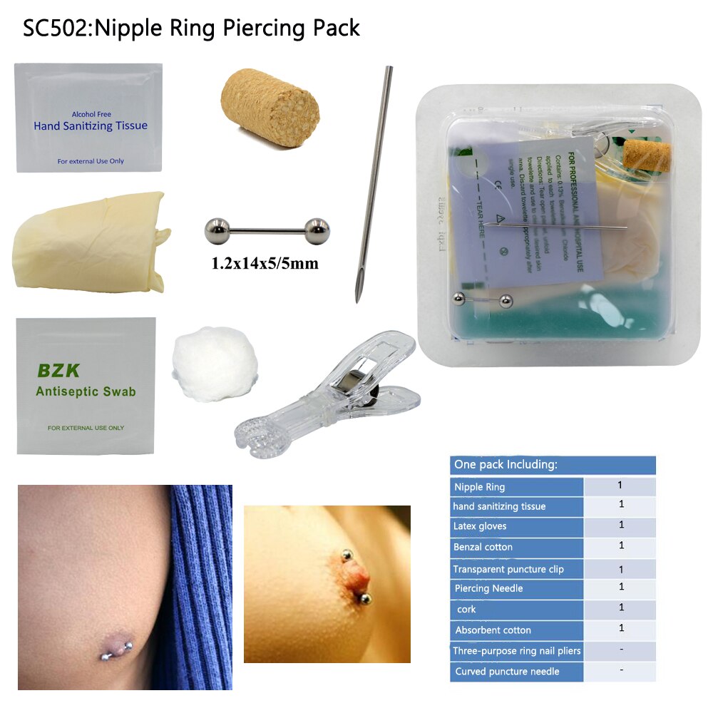 Kit de perçage de corps jetable Kit de perçage stérile médical pour oreille nez mamelon ventre nombril Septum Piercing outil Machine Kit: SC502 Nipple Barbell