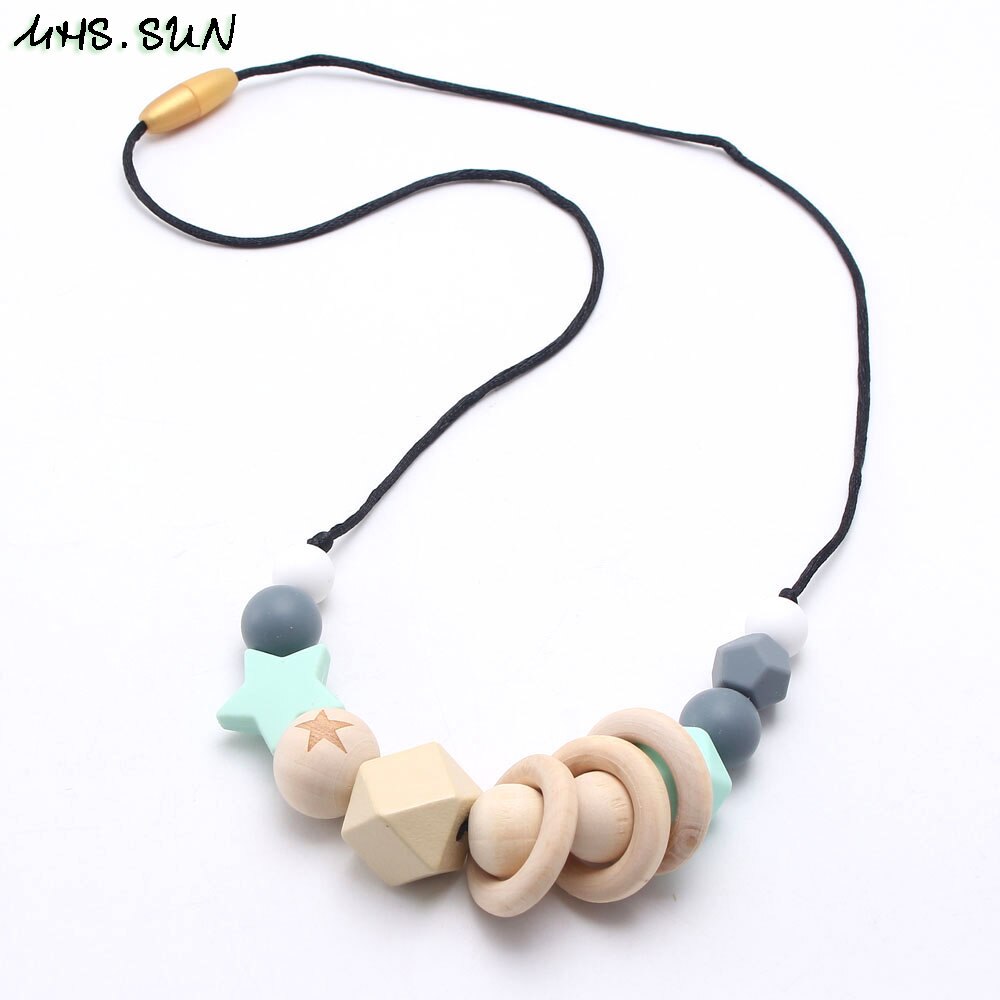 MHS.SUN-collar de cuentas de madera de silicona para bebé, collar de cuentas de lactancia de dentición de seguridad, joyería de lactancia colorida para mamá: 17