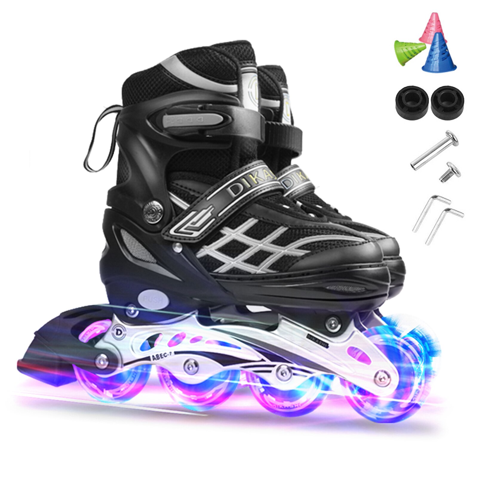 Adjustable Illuminating Inline Skates with Light Up Wheels for Kids and Youth Inline Skates for Girls Boys:  Black L