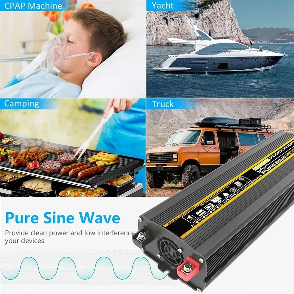 DC12V zu AC 220V Konverter Reine Sinus Welle Energie Wandler 3000W-8000W Spannung Transformator Intelligente Digital Anzeige Auto Hause
