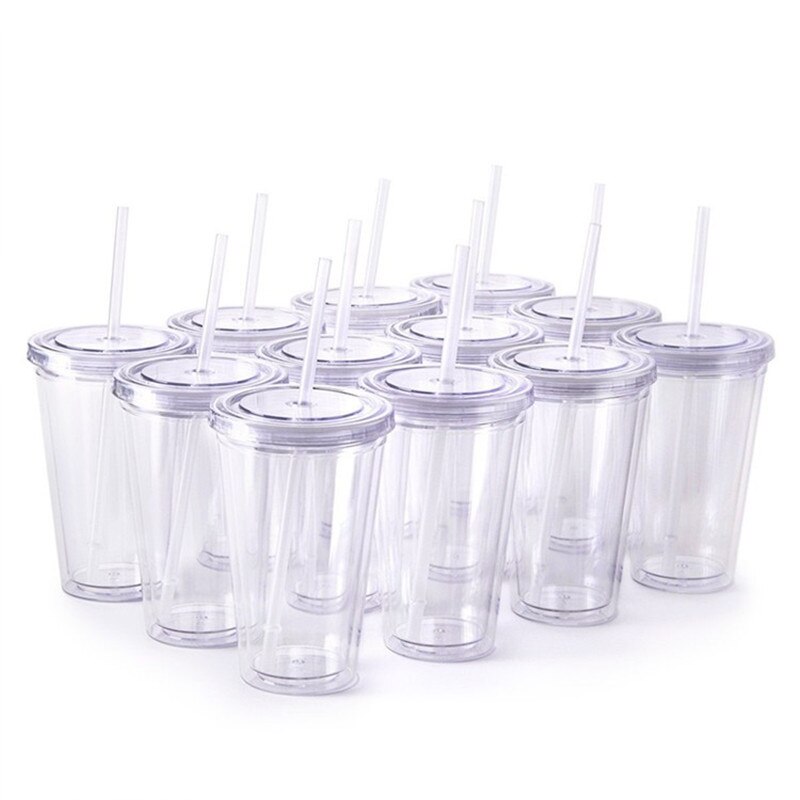 16oz/22oz återanvändbara rese-iskaffe muggar dubbelvägg isolerande klara plastglas med lock och sugrör 1 st ,3 st ,12 st/set