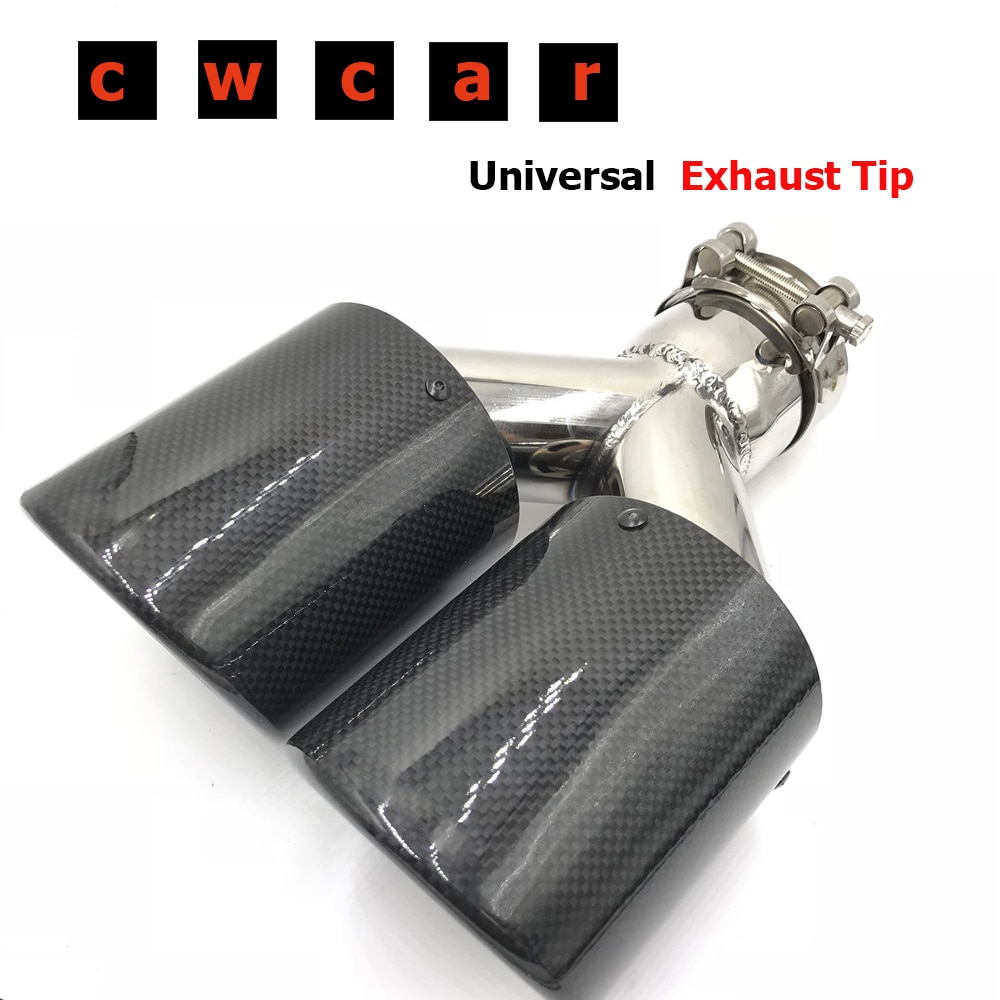 1 Piece Car Universal Glossy Carbon Fiber Exhaust Muffler Tip Auto Double Silver Stainless Steel Exhaust Pipe For Ak