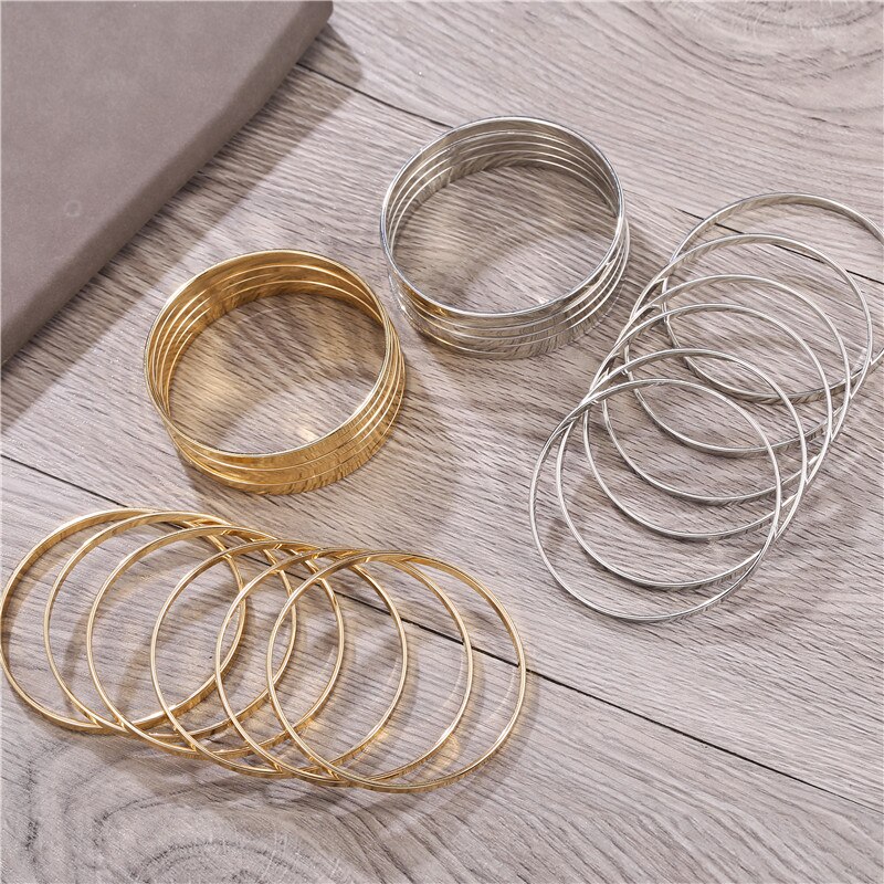Smooth Pattern 12Pcs/Set Women Bangles Sets For Women Gold Silver Color Bangle Set Punk Jewelry Hip Hop