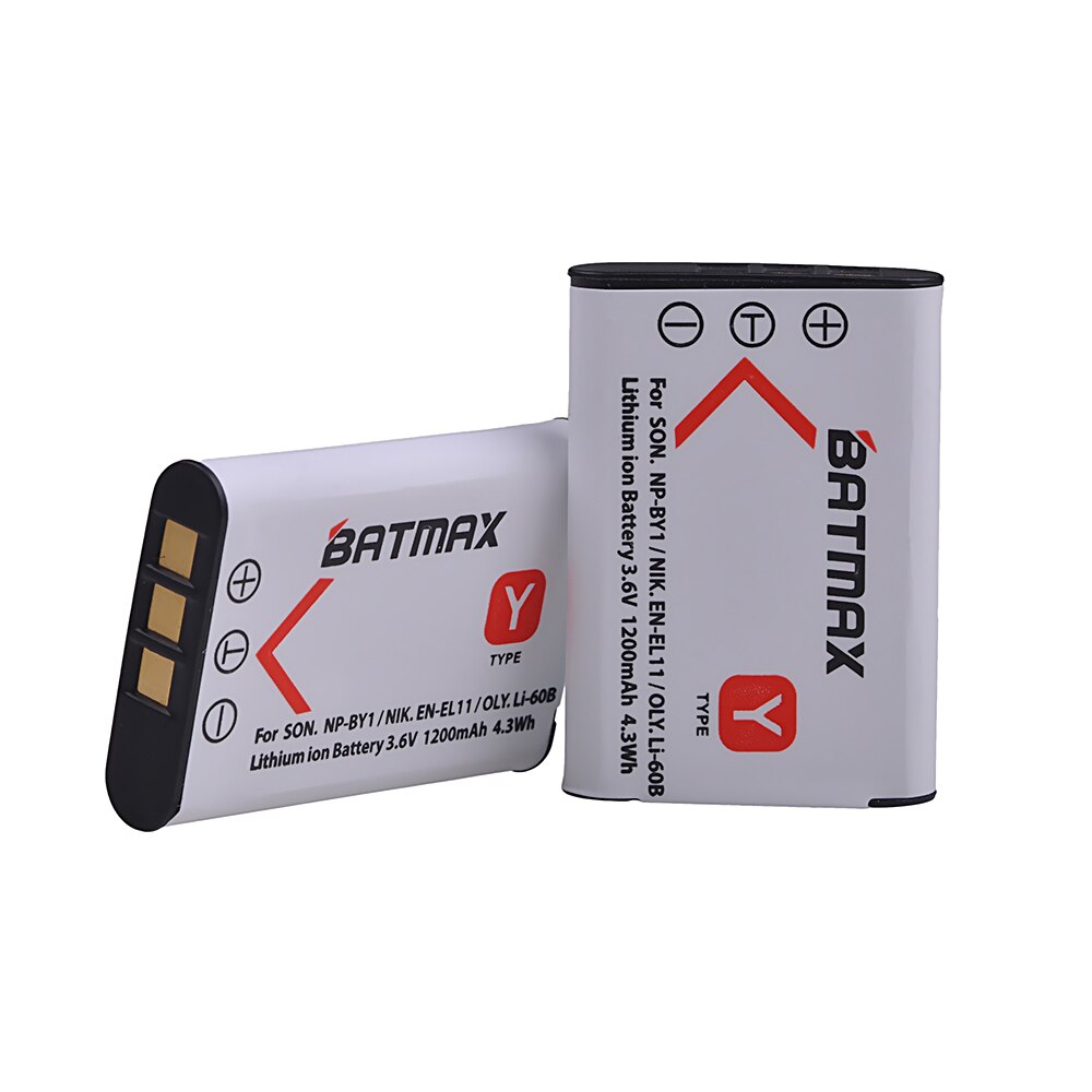 Batmax 2 st 1200 mah np -by1 en-el11 li-60b np  by1 batteri för sony hdr -az1vr az1 az1v az1vr sport action cam mini videokamera