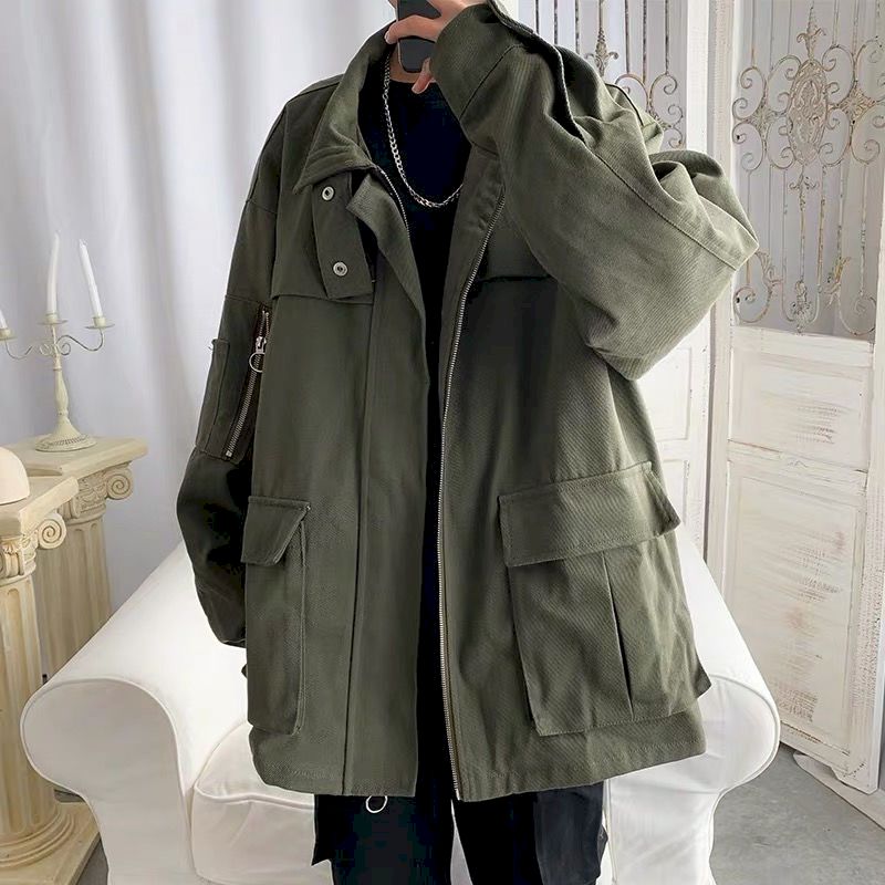 Diablo – veste safari pour hommes et femmes, manteau décontracté, tendance, multi-poches, style hongkongais, rétro, cool, pour étudiants coréens: Army green / M