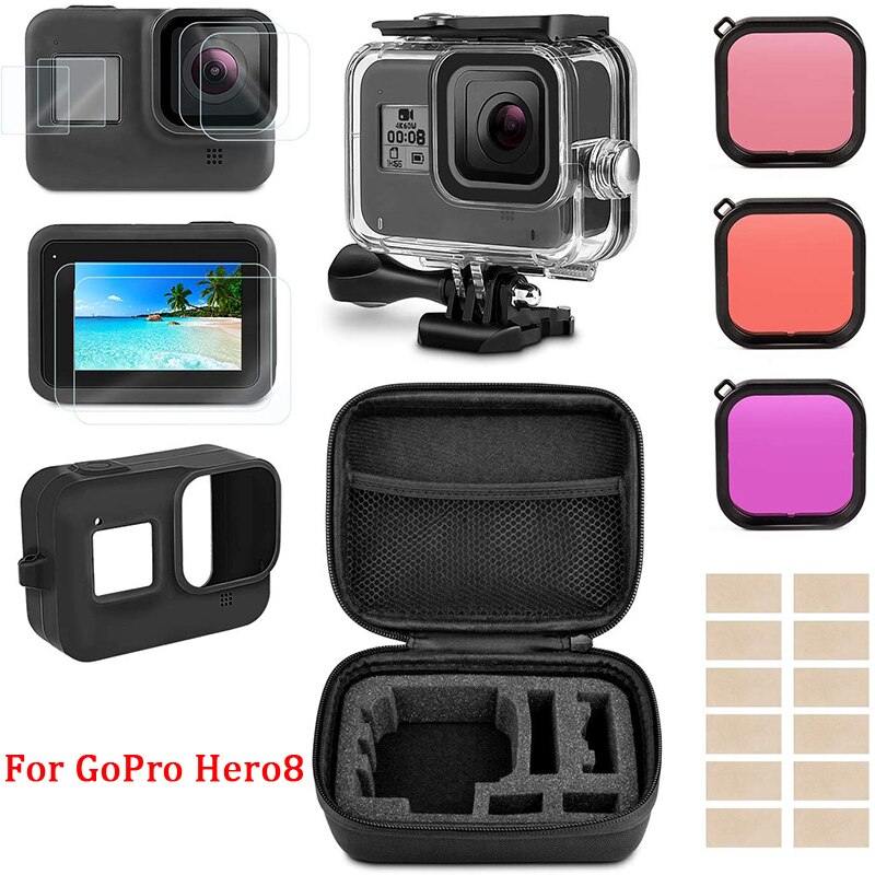 Accessoires Kit voor GoPro Hero 8 Zwart/Waterdichte Behuizing/Gehard Glas Screen Protector/Draagtas/Cover /Snorkel Filters