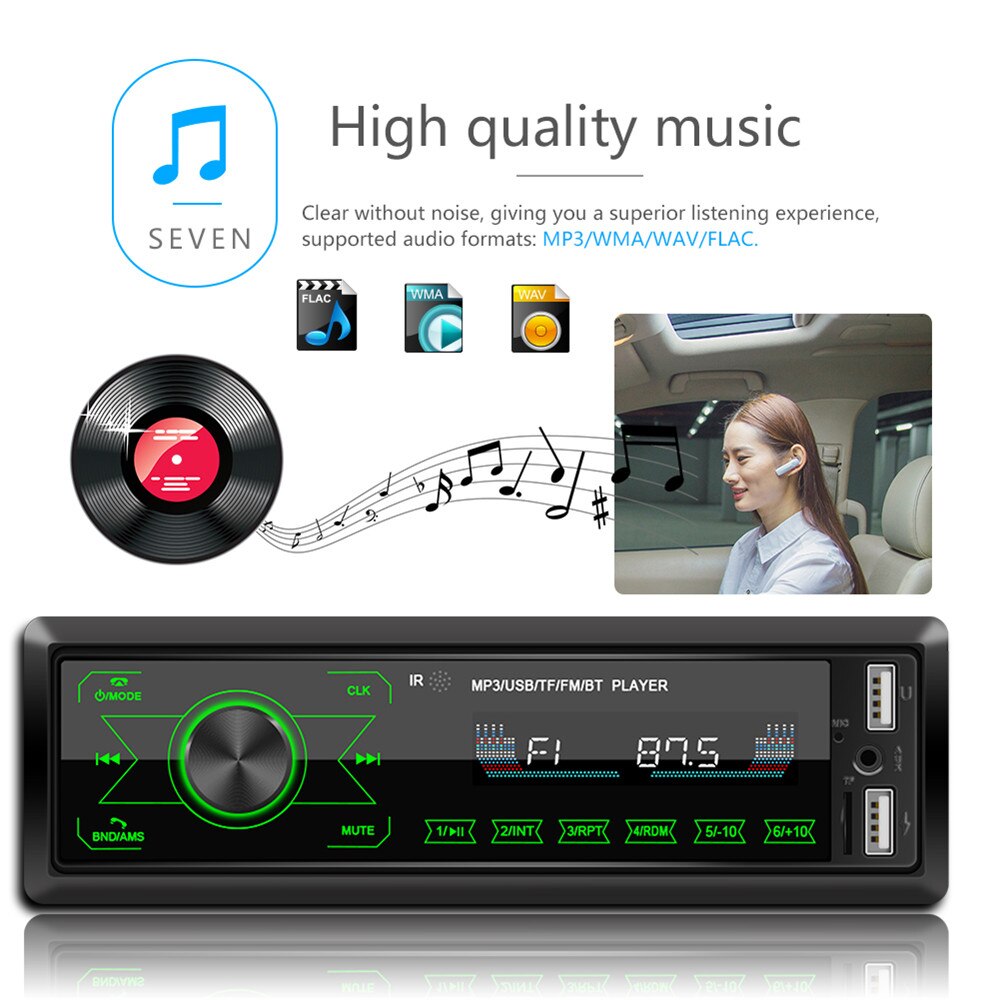 Radio con Bluetooth para coche, reproductor MP3 estéreo de 12V, 1DIN, receptor FM, Kit de manos libres, adaptador de música AUX/USB/tarjeta TF en el tablero, Puerto IOS
