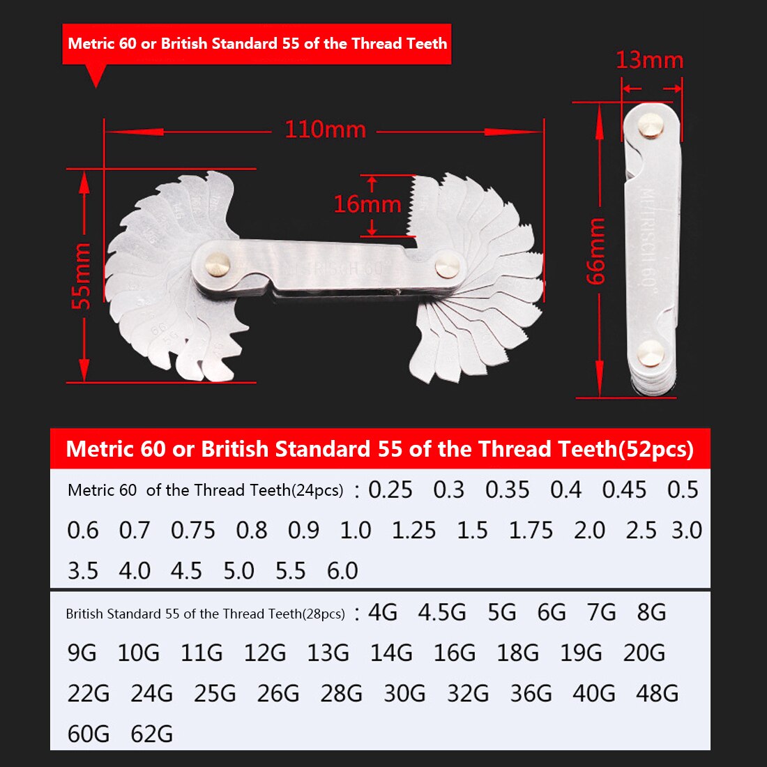 52Pcs Steel Thread Measuring Gage Metric Whitworth Screw Pitch Gauge 60/55 Degree Thread Plug Gage