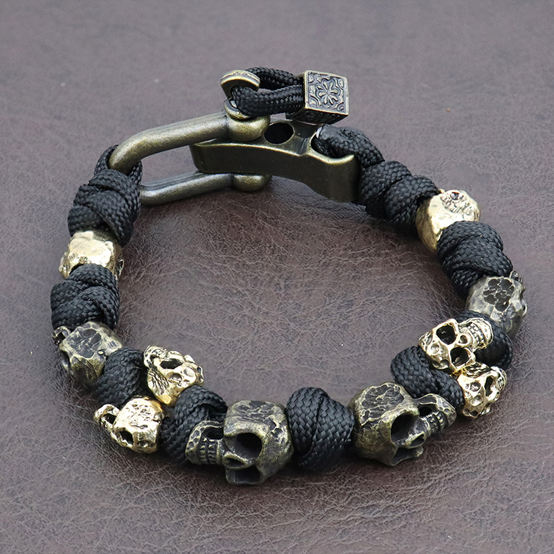 Pulsera tejida con calavera Vintage para hombre, brazaletes hechos a mano, brazaletes de Paracord de supervivencia al aire libre, pulseras ajustables Punk Hip Hop, joyería: Rodio plateado