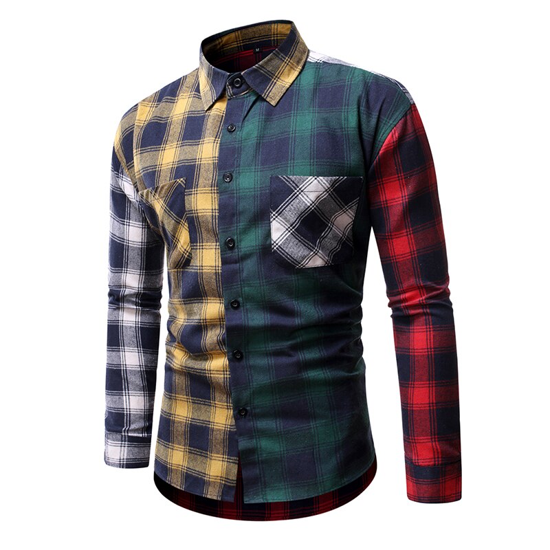 spring plaid patchwork shirts men dress good cotton mens shirts regular fit: Yellow / XL