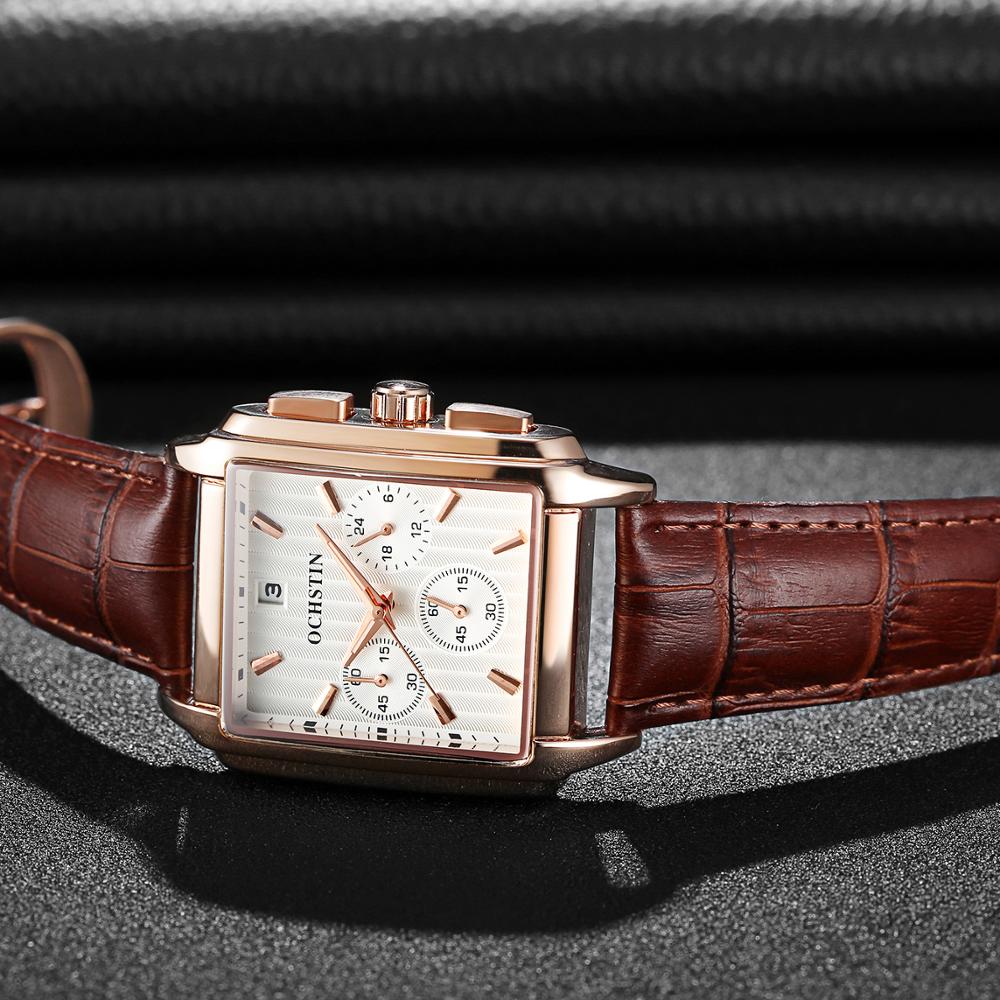 OCHSTIN , reloj cuadrado de cuarzo negro para hombre, reloj de negocios de de lujo, Reloj analógico con correa de cuero para hombre, reloj con cronógrafo
