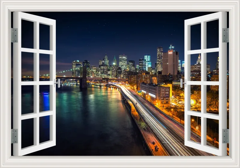 3D Window View wall Sticker York Brooklyn Removable Night Wall Art Wallpaper Kitchen Room decor aesthetic poster prints: 16x24inch 40x60cm / W0159