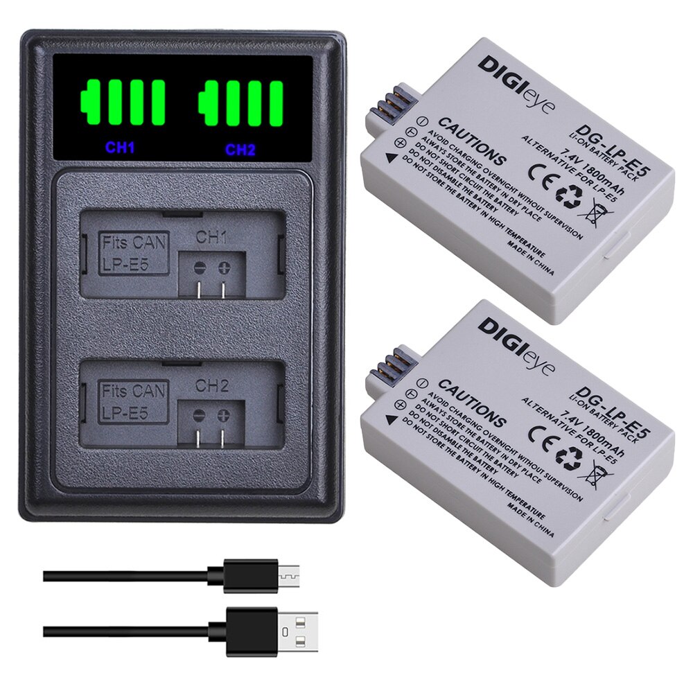 1800mAh LP-E5 LP E5 Battery + LED Dual Charger for Canon EOS Rebel XS, Rebel T1i, Rebel XSi, 1000D, 500D, 450D,Kiss X3,X2,F: 2 battery 1 charger