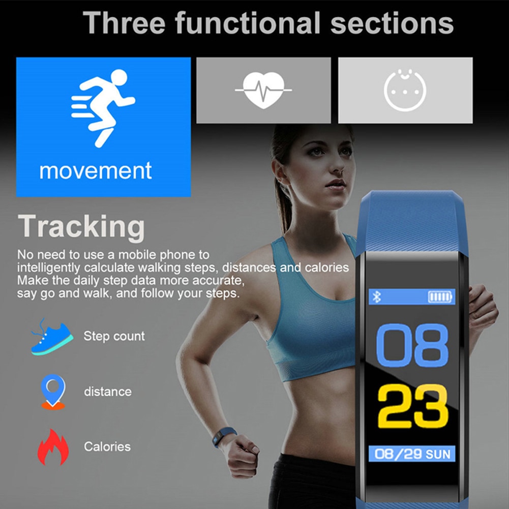 Bracelet connecté avec écran couleur ID115 Plus, Bluetooth, moniteur de fréquence cardiaque et de pression artérielle, moniteur d'activité physique