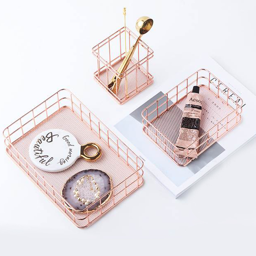 Nordic Style Rectangle Metal Basket Storage Basket Cosmetic Brushes Holder Organizer Household Office Desk Toiletry Baskets