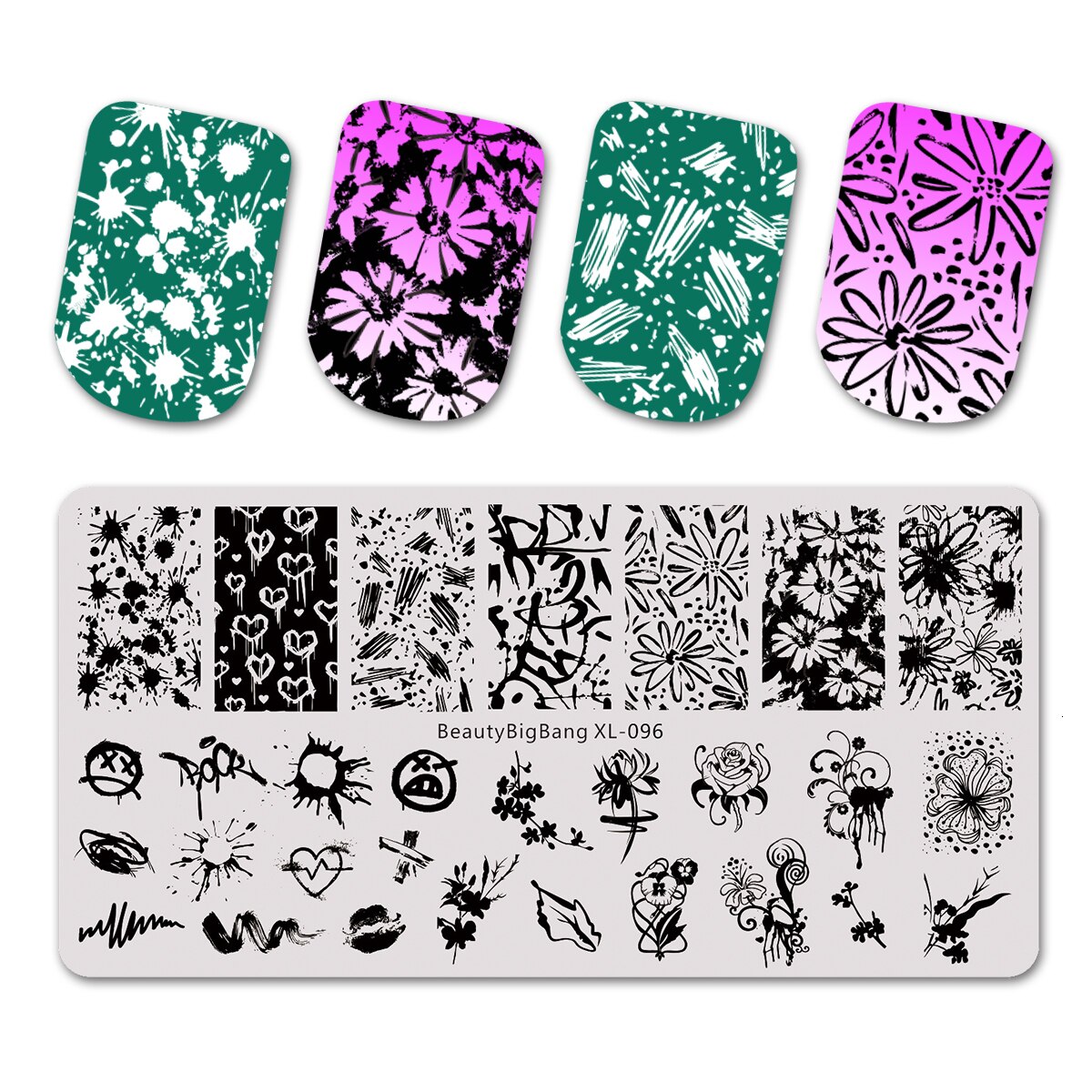 BEAUTYBIGBANG-placas de estampado para manicura Floral, plantillas rectangulares de flores y plantas de línea a rayas, con temática Floral, DIY, herramientas para uñas, 6x12cm: BBB-096