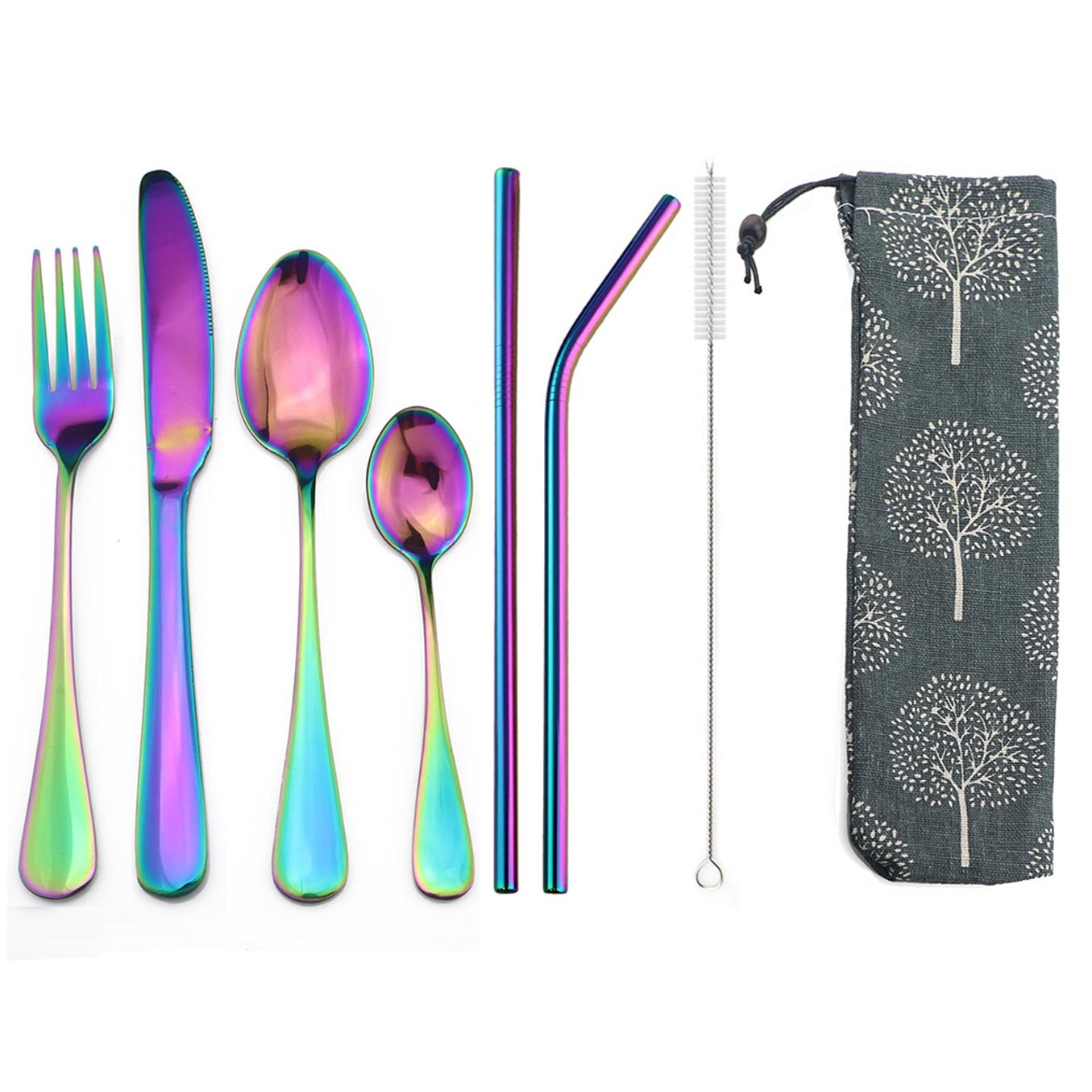 8 st/set återanvändbar regnbåge bärbar bestickset i rostfritt stål matservis bestickset knivgaffel med väska med halmstrå: Regnbåge d