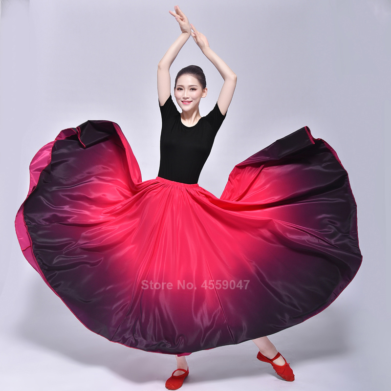 Spaanse Flamenco Rok Vrouwen Gradiënt Fading Kleur Smooth Glossy Luxe Elegante Grote Swing Dance Kostuum Meisjes Buik Maxi Jurk: Rose red to black / 540degree