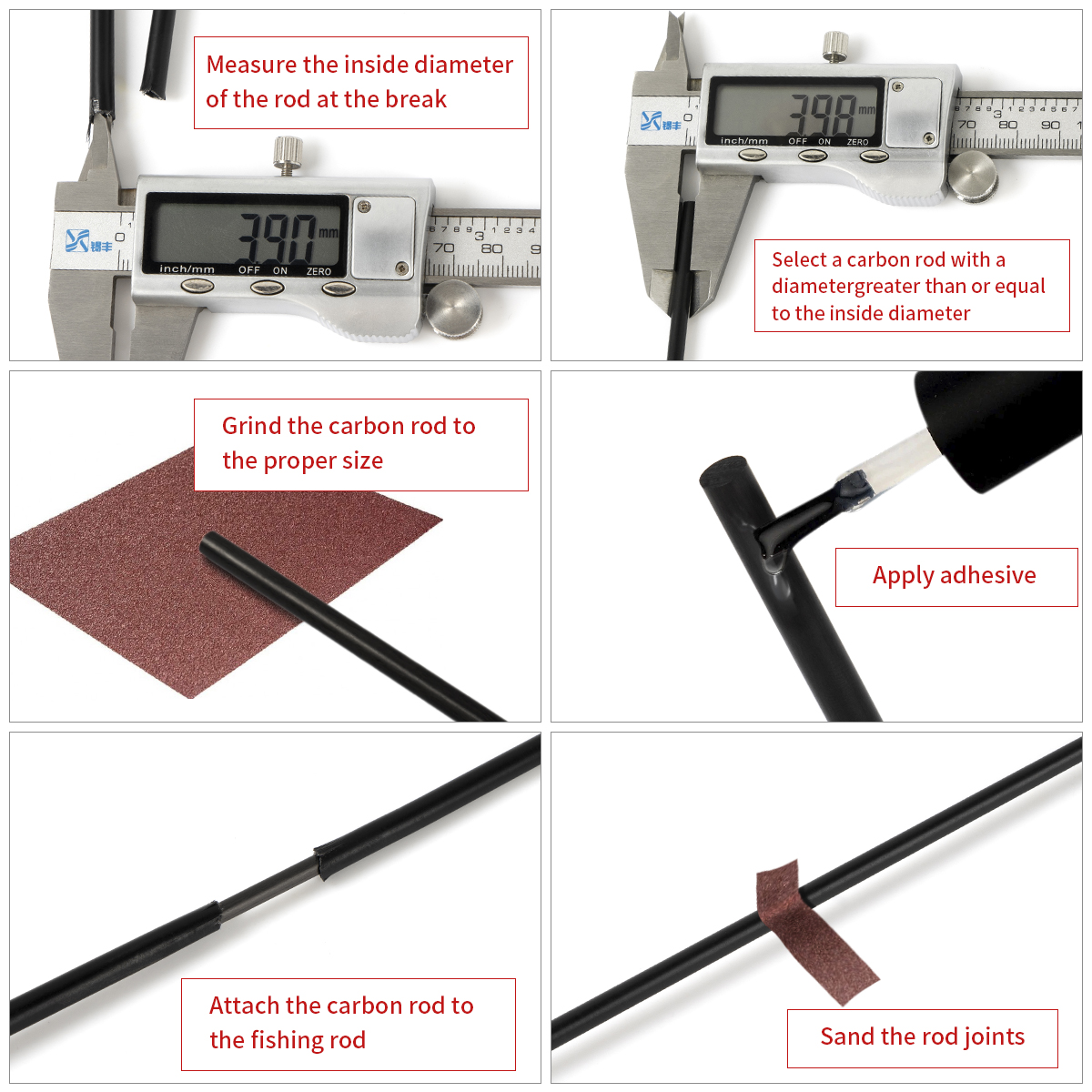 Reparasjonssett for fiskestang, karbonfiberpinner med høy styrke, for reparasjon av ødelagte fiskestang