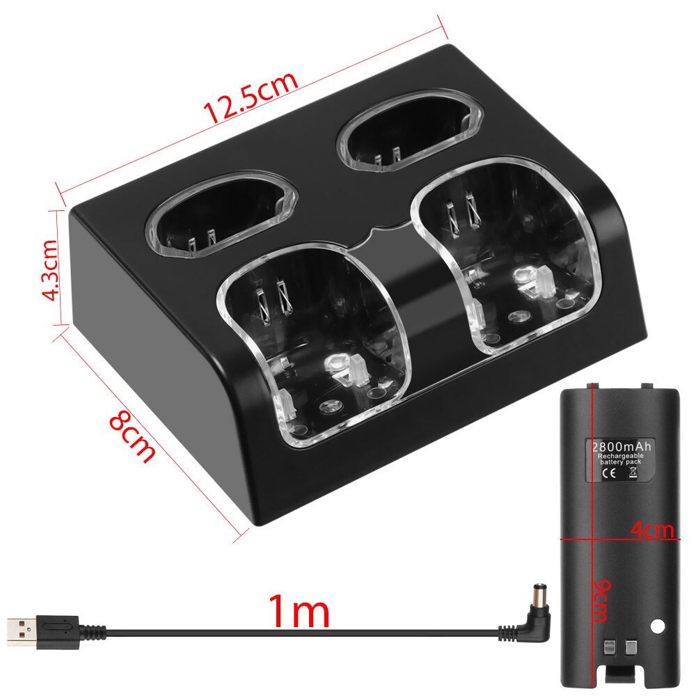 Draagbaar oplaadstation, oplaadstation met 4 oplaadbare batterijen voor de nintendo wii-afstandsbediening en gamingaccessoires