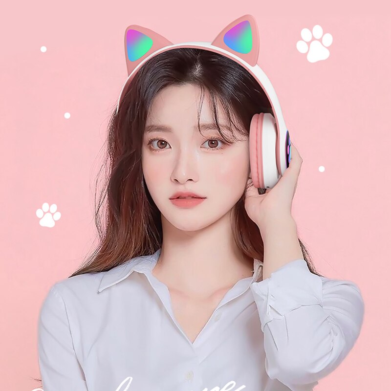 RGB Cat Ear Headphones Bluetooth 5.0 Bass Noise Cancelling Adults Kids Girl Headset Support TF Card With Mic Earphones