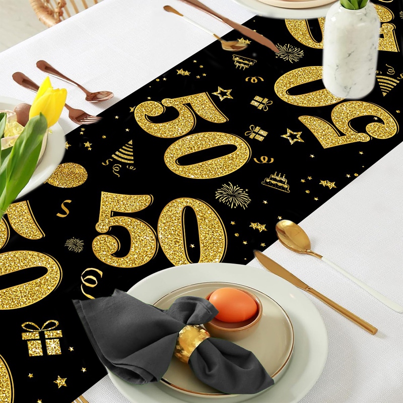18 30 40 50 Year Old Black Gold Table Runner Happy Birthday Party Decoration Adult 30th 40th 50th 60t Birthday Tablecloth Banner
