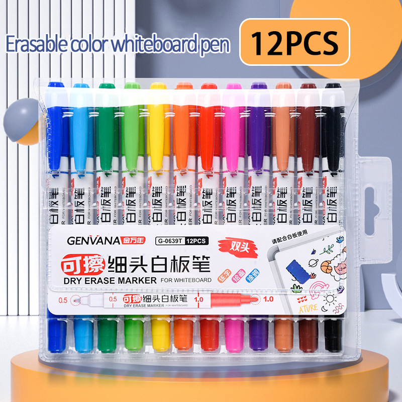 Dual Tip Dual Color uitwisbare whiteboard markers 12-kleuren set, micro-poreuze 0,5/1,0 mm fijne punt voor kindertekentafel, wasbaar