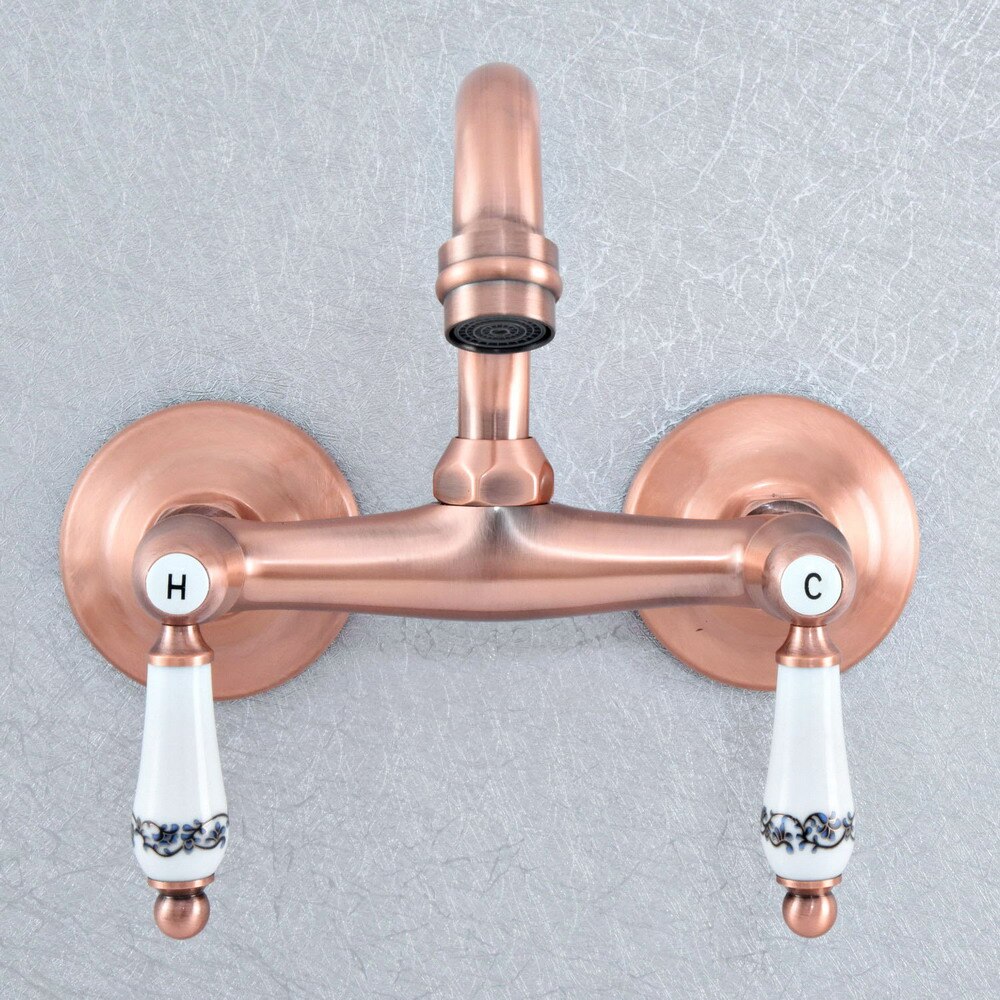 Grifo de cocina de cobre rojo antiguo para baño, mezclador, montado en la pared, doble manija, grifos fríos y calientes, zsf892