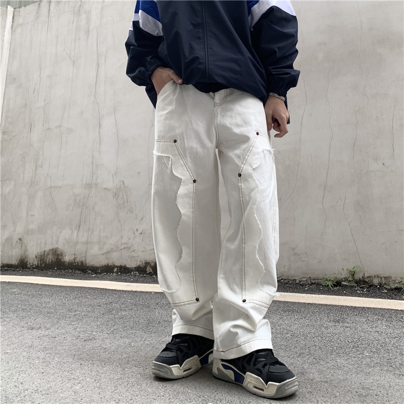 Haute Rue Couche Épissé Solide Jeans pour Hommes Harajuku Droit Baggy Denim Pantalon Oversize Déchiré Lâche Décontracté Jean Pantalon